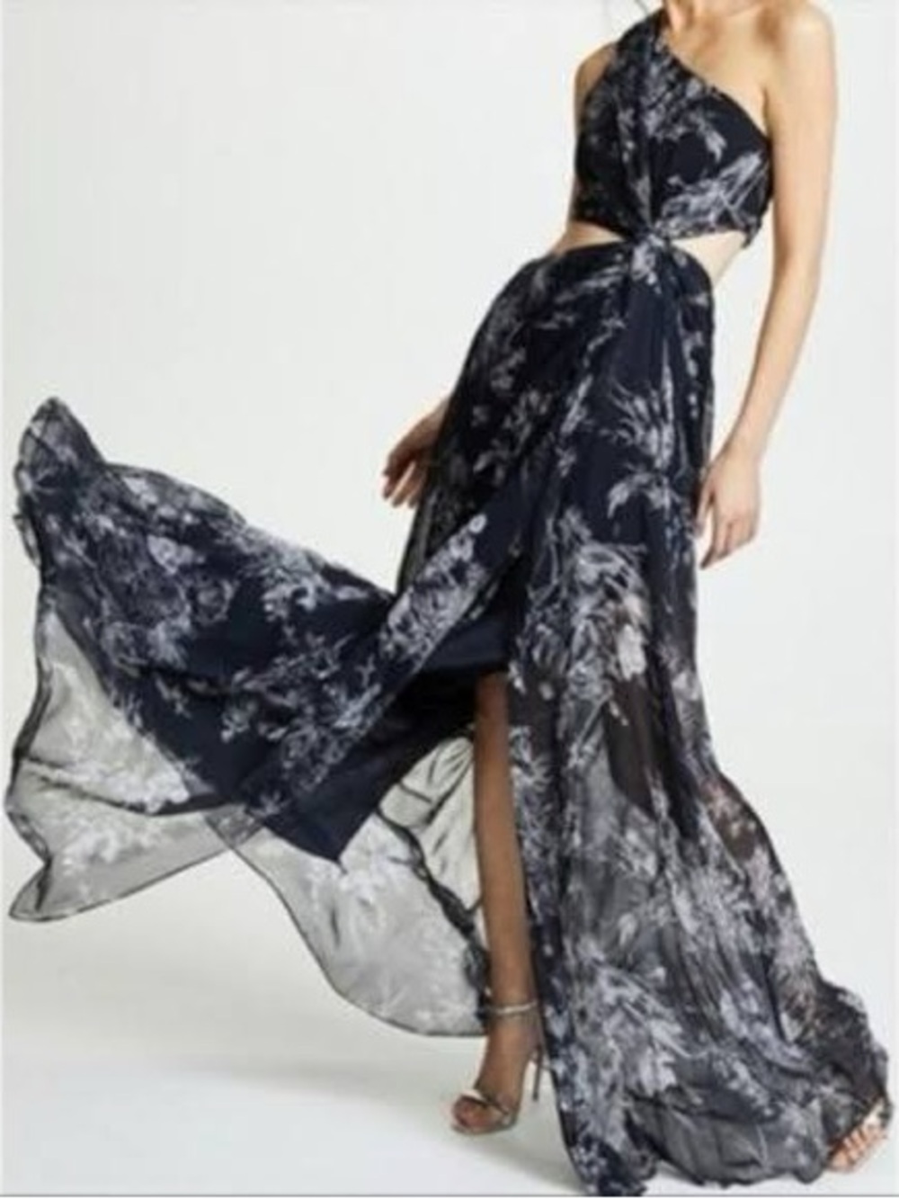 cinq a sept Navy and White Floral One-Shoulder Dress